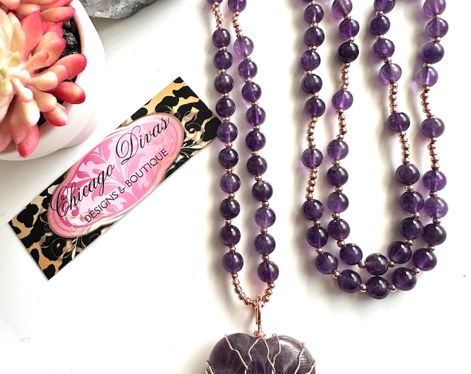 Featured listing image: AMETHYST LONG NECKLACE. Heart shaped charm. Unique piece. Affirmations. New beginnings. Self awareness. Self acceptance. Manifesting.