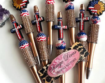 WHOLESALE USA PATRIOTIC beaded pens. #8 pieces set. Black ink. Retractable. Extra refill. patriotic gift.  Gifts for work unit. Military.