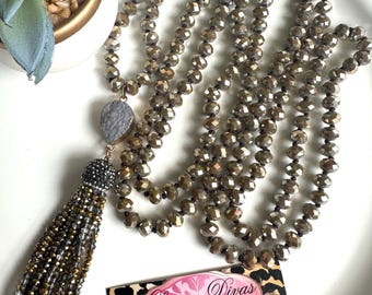 Long knotted NECKLACE. Crystal glass beads. Dark goldish color. Vintage style.  Gifts for her. Pretty piece. Unique statement necklace.