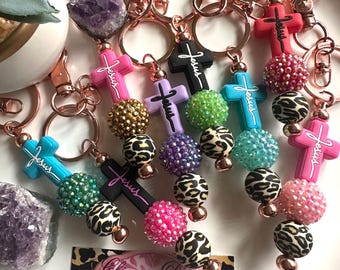 WHOLESALE CROSS KEYCHAINS. Set #8 pieces. Goldtone hardware. Beads. Sorority sisters. Bible study ladies group. Faith. Believe. Christian.