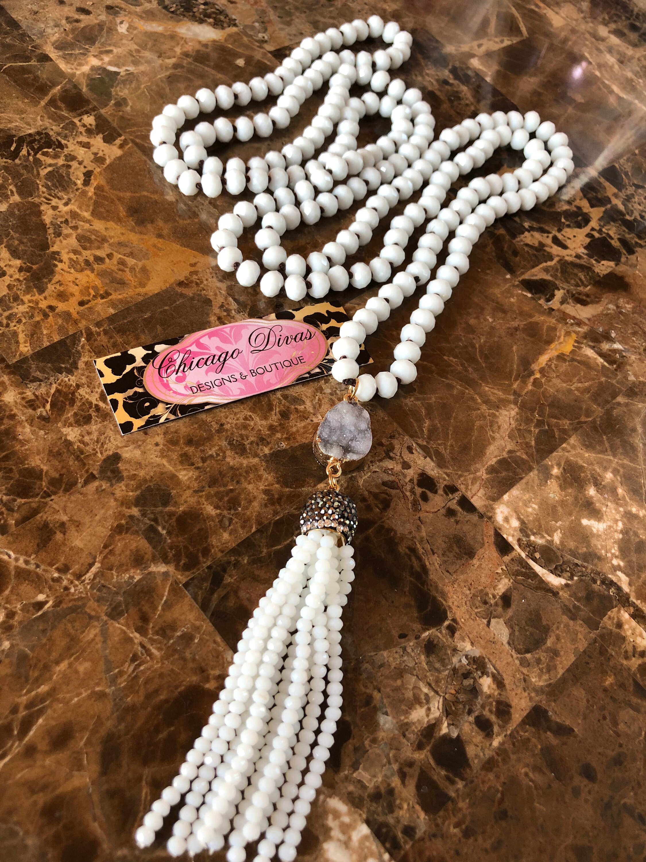 Long knotted WHITE beaded tassel unique piece, glass beads, statement