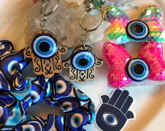 HAMSA HAND SET EvilEye Two Scrunchies two keychains two hair pieces, take all as a set. Evil eye, manifest, blessings, amulet,goodness