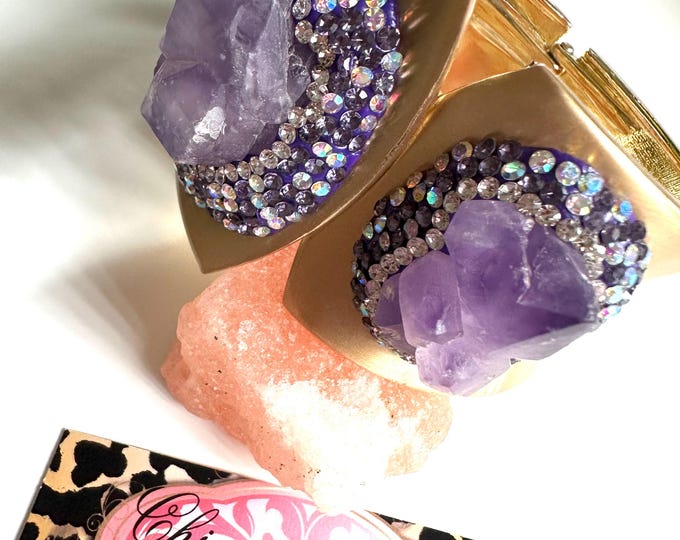 Featured listing image: RAW AMETHYST BRACELET. Unique Cuff bracelet . Exquisite piece. Raw stone. Rhinestones. Goldtone cuff. Ladies wrist size. Strength. Love.