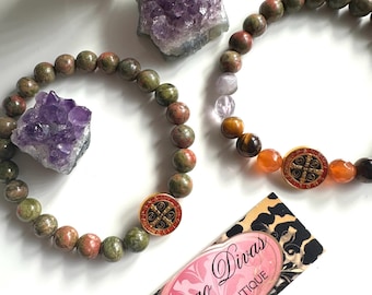 UNAKITE Benedict Medal Bracelet set. #2 pieces. Unisex set. His and Hers bracelets. Self awareness. Self growing. Chakra Alignment.