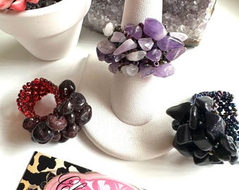 Amethyst, Red garnet,blue Sandstone, rings SET Statement Rings, natural gemstone, manifest abundance, Prosperity, protection, Love, stretchy