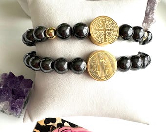 HEMATITE St. BENEDICT Bracelets set. #2 pieces set. Dark grey hematite. Protection. Believe. Faith. Pray.