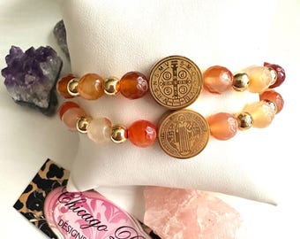 CARNELIAN ST. BENEDICT bracelets set. #2 pieces set. Unique gift. Spiritual Protection against evil.
