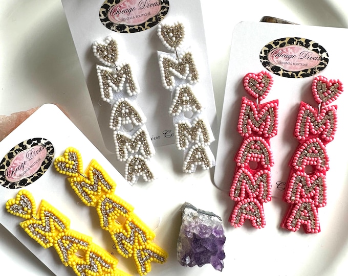 Featured listing image: MAMA STATEMENT EARRINGS set. #3 pairs set. Beaded earrings. Pretty earrings. Mama gifts. Baby shower gifts. Mama jewelry. Mama gifts. Love