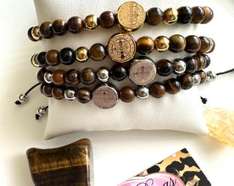 WHOLESALE SAINT BENEDICT bracelets. #4 pieces. Tigers eye. Adjustable. Unisex bracelets. Couples jewelry. His and hers bracelets. Friendship