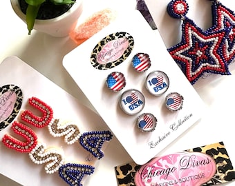 BEADED and Studs EARRINGS SET. #3 pieces set. Statement earrings. Patriotic earrings. Festivals Office Gifts for her. Fourth of July jewelry