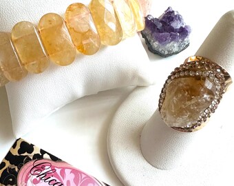 Brazilian CITRINE Bracelet & Ring SET. #2 pieces set. Faceted bracelet. Raw citrine ring. Manifesting abundance. Success. Strength. Amulet