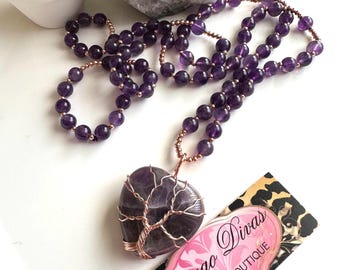AMETHYST LONG NECKLACE. Heart shaped charm. Unique piece. Affirmations. New beginnings. Self awareness. Self acceptance. Manifesting.