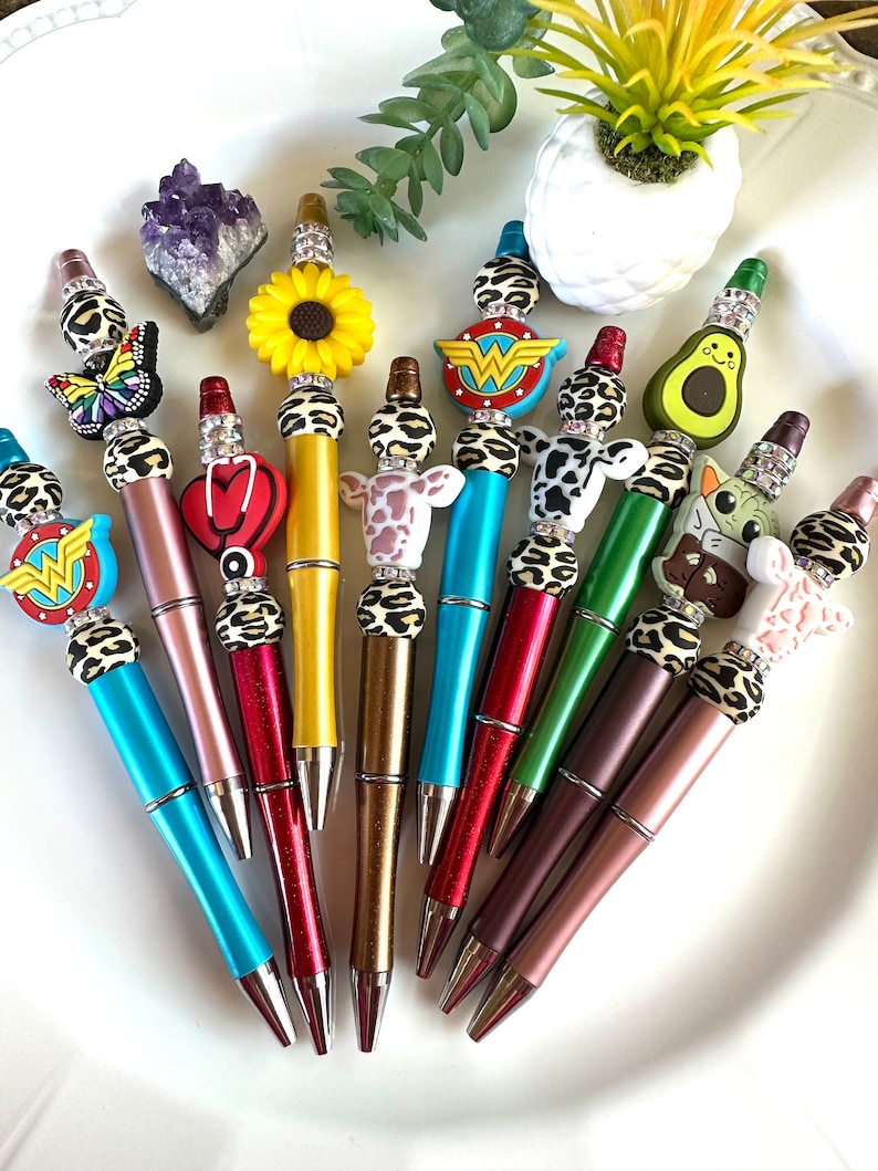 WHOLESALE BEADED PENS. 10 pieces. Black ink. Retractable. Individually wrapped. Office gifts. Cute gifts. Thank you gifts. Girls,mom,sister image 1