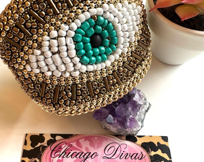 Featured listing image: EVIL EYE CUFF seed beads, Prosperity protection manifest blessings good vibes new beginnings,birthday, unique gift for her. Love. Rare piece