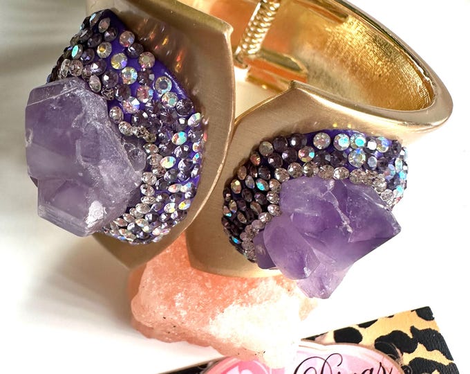 Featured listing image: RAW AMETHYST BRACELET. Goldtone cuff. Statement bracelet. Natural gemstone. Unique gift. Boho chic, manifestation, meditation, abundance