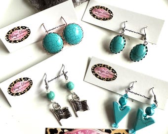 TURQUOISE HOWLITE earrings set. #4 pairs set. Pretty and adorable. Gifts for her. Turquoise lovers.Confidence. Strength. Self awareness