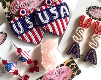 USA JEWELRY SET. #3 pieces set. Beaded Earrings. Party earrings. Patriotic earrings. Festival jewelry. Parade. Fourth of July. America