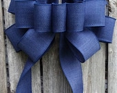Navy Blue Burlap Bow, Blue Bows, Wreath, Wedding, Home Decor Accent Bows, Indoor Outdoor Bows, Faux Burlap Wired Ribbon Bow