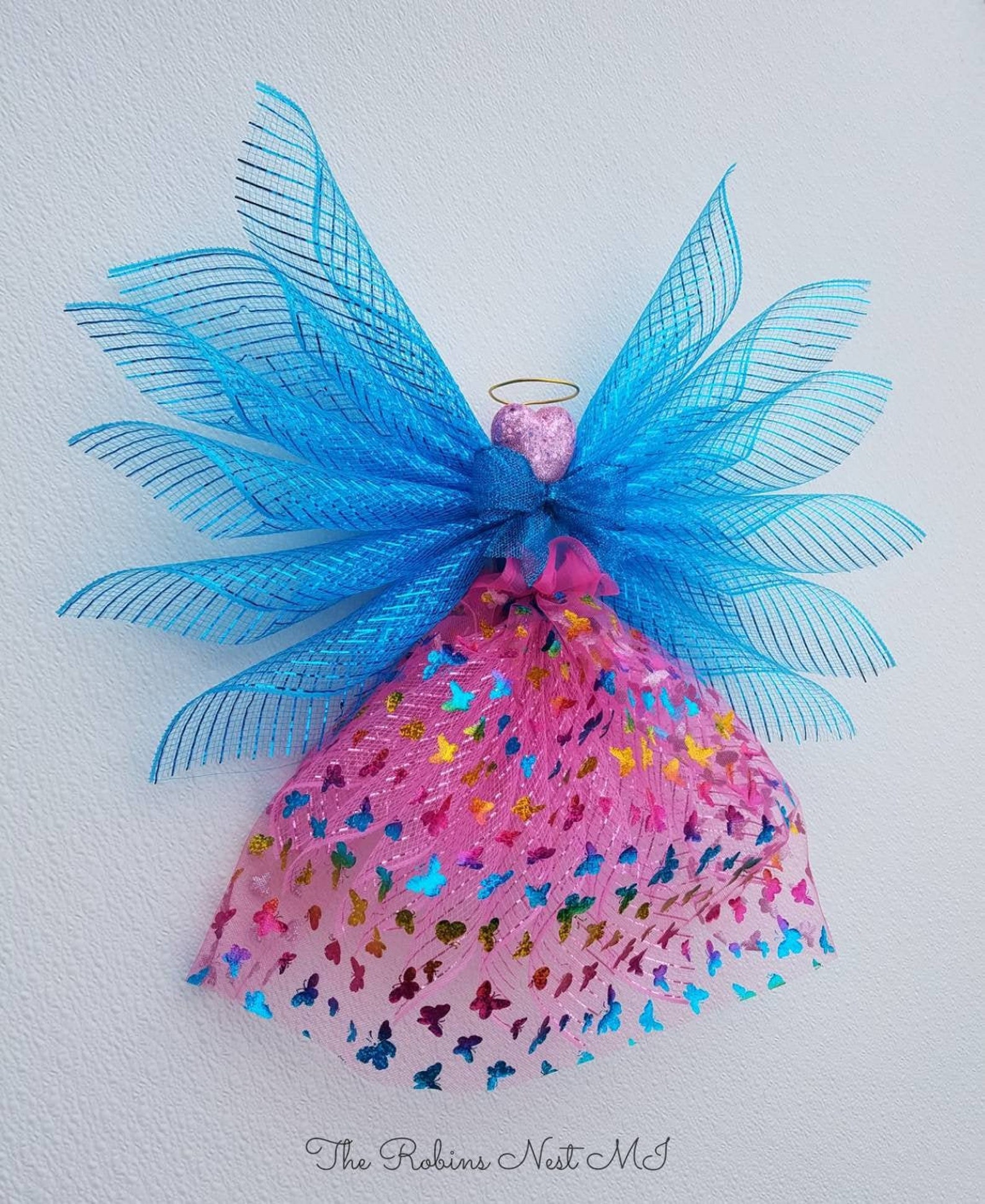 Christmas Tree Topper Angel Wreath Butterfly Turquoise Wings Etsy