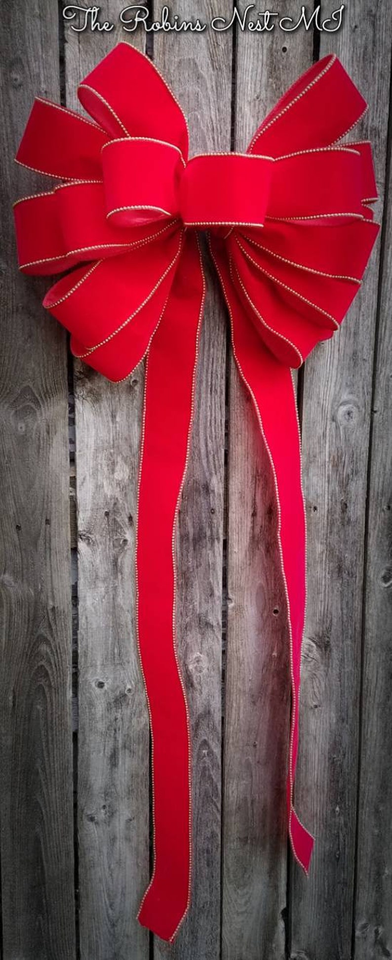 Red Velvet Christmas Tree Topper Bow Outdoor Large Red Golden Etsy