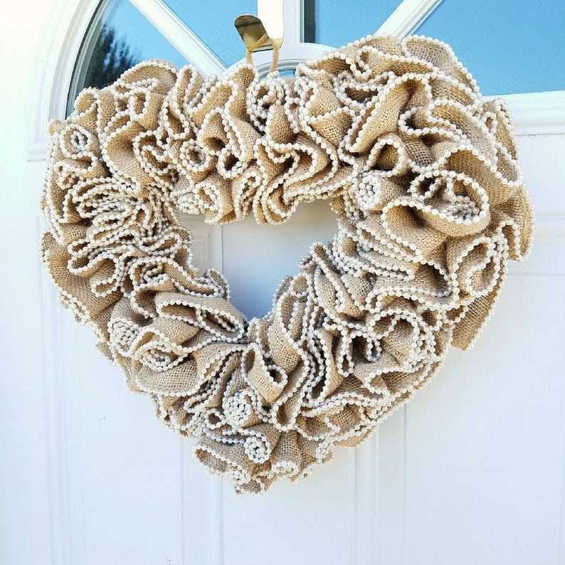 Engagement Mother/'s Day Sweetest Day Natural Burlap Faux Pearl Heart Wreath Bridal Gift Anniversary Wedding Home Everyday Decor