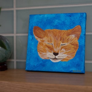 Orange Cat Painting Original Acrylic on stretched canvas Wall art 6&quot; square orange tabby kitten sleeping pet portrait artwork on blue