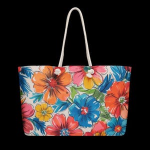 Floral Weekender Bag | Oversized Travel Tote with Rope Handles | Vibrant Beach Bag | Large Boho Carryall | Watercolor Flower Duffel