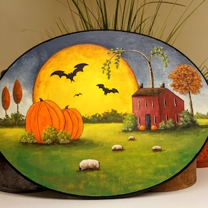 Hand-Painted Autumn Harvest Wall Hanging One of a Kind Folk Art on Wood Fall Halloween Folk Art Sign Wall Decor Saltbox Pumpkins Sheep