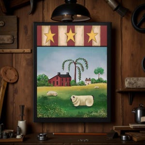 Primitive Folk Art Sheep Giclée – Rustic Country Animal Print – Early American Farmhouse Wall Decor – Cottage Style Artwork