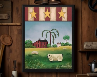 Primitive Folk Art Sheep Giclée Print – Rustic Farmhouse Decor