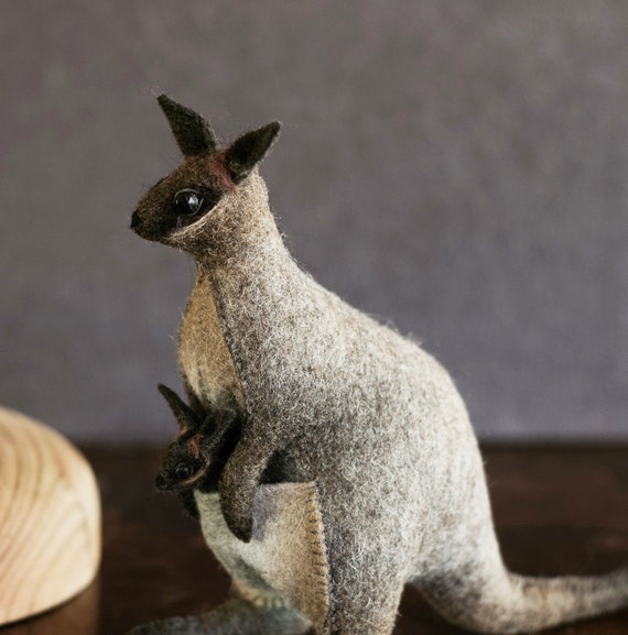 Rock Wallaby With Baby in Her Pouch, Felted Animal, Waldorf Art