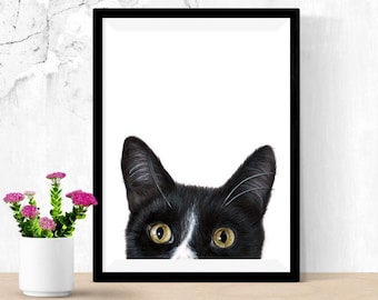 Peekaboo Tuxedo Cat, Giclée Wall Art Print, Cat lover gift, Giclée Cat Art Print, Cat Lover Birthday and Christmas gifts, Cat Art Décor