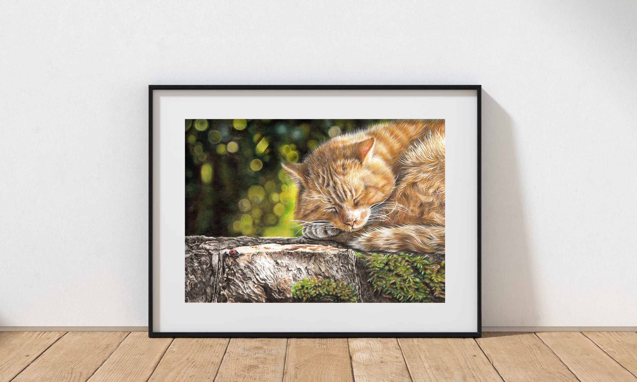 Cute Ginger Tabby Cat Sleeping on a Stone Wall Garden With a Lady Bird ...