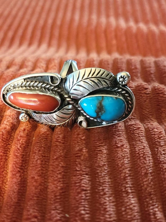 Vintage Turquoise and Coral Ring Sz 7