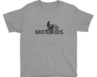 May include: A heather grey youth t-shirt with a black silhouette of a person riding a dirt bike. The text "MOTOKIDS" is printed below the image.