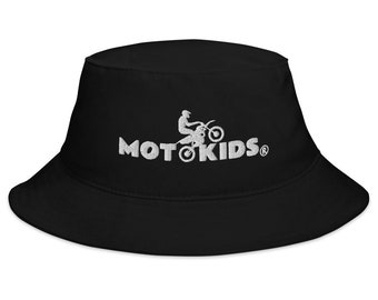 May include: Black bucket hat with a white embroidered logo that says "MOTO KIDS" with a silhouette of a person riding a dirt bike.