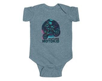 May include: A blue-grey baby bodysuit with a graphic of a cartoon motorcyclist on a motorcycle. The graphic is in shades of blue, green, and pink, with the words "FUTURE MOTOKID" below the image.