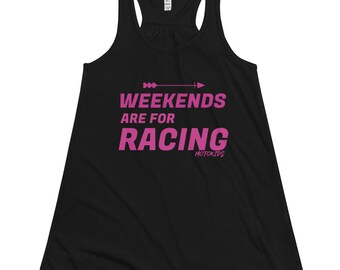 May include: Black racerback tank top with a pink arrow and the text "Weekends are for Racing" and the logo "MotoKids".