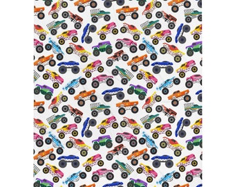 May include: A white background with a repeating pattern of colorful monster trucks. The trucks are in various shades of blue, green, orange, pink, purple, red, and yellow. Each truck has large wheels and a detailed design.