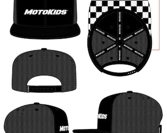 May include: Four views of a black and white baseball cap with a mesh back. The front of the cap features the text "MOTOKIDS" in white. The back of the cap features a checkered pattern.