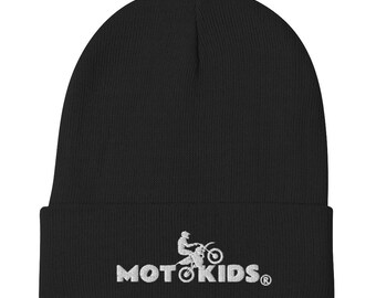 May include: Black beanie with a white embroidered logo of a person riding a dirt bike and the text "MOTO KIDS" with a registered trademark symbol.
