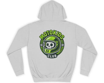 May include: A light gray hoodie featuring a green and black graphic of a skull wearing a helmet, surrounded by a laurel wreath. The text "MOTOKIDS CLUB" is arched around the design. The hoodie has a hood and long sleeves.