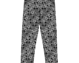 May include: Gray leggings with a repeating pattern of interlocking chain links.