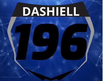 May include: A black and white racing number plate with the text "DASHIELL" and the number "196" on a blue background.