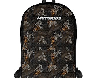 May include: Black backpack with a repeating pattern of motocross riders and the text "MotoKids" and "Extreme" in white. The background is black with orange splatters.