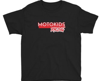 May include: Black short-sleeved t-shirt with the text "MOTOKIDS RACING" in red and white letters.