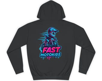 May include: A black hoodie featuring a neon graphic of a motocross rider and the text "FAST MOTOKIDS." The design includes blue and pink accents, with speed lines and dripping paint effects. The hoodie has a hood and long sleeves.