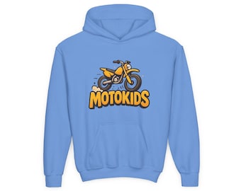 May include: A light blue hoodie featuring a yellow cartoon motorcycle with the text "MOTOKIDS" in orange. The motorcycle is depicted with black tires and details, and the design is centered on the front of the hooded sweatshirt.