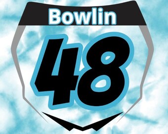 May include: A white and blue tie-dye background with a black and white racing number plate. The number plate has the text "Bowlin" at the top and the number "48" in large black font.