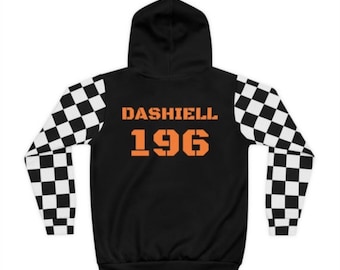 May include: Black hooded sweatshirt with checkered sleeves. The back of the sweatshirt has the text "DASHIELL 196" in orange.